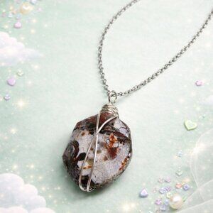 Fire Agate Necklace Wire Wrapped Pendant Silver Chain Crystal Boho Jewelry